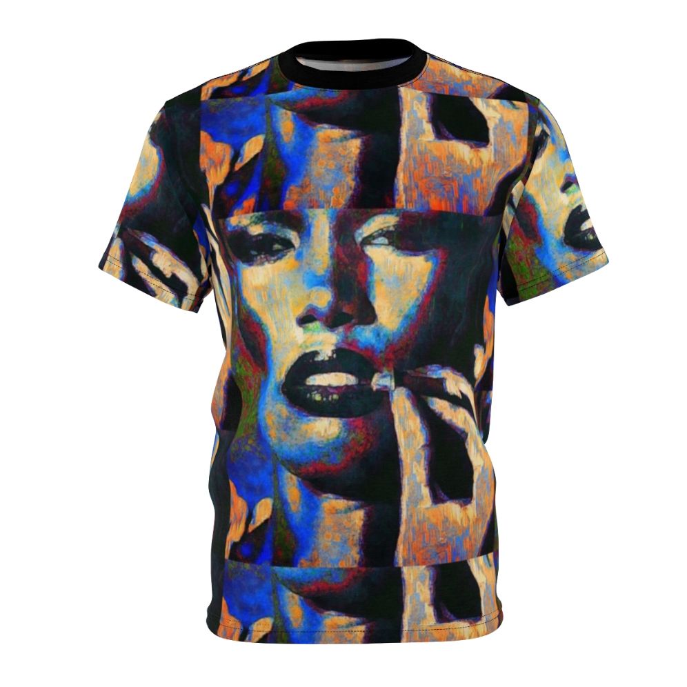 Graphic t-shirt featuring a colorful portrait illustration of music icon Grace Jones