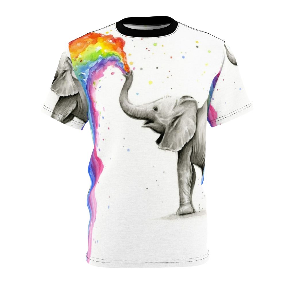 Whimsical illustration of a cute baby elephant spraying a colorful rainbow from its trunk