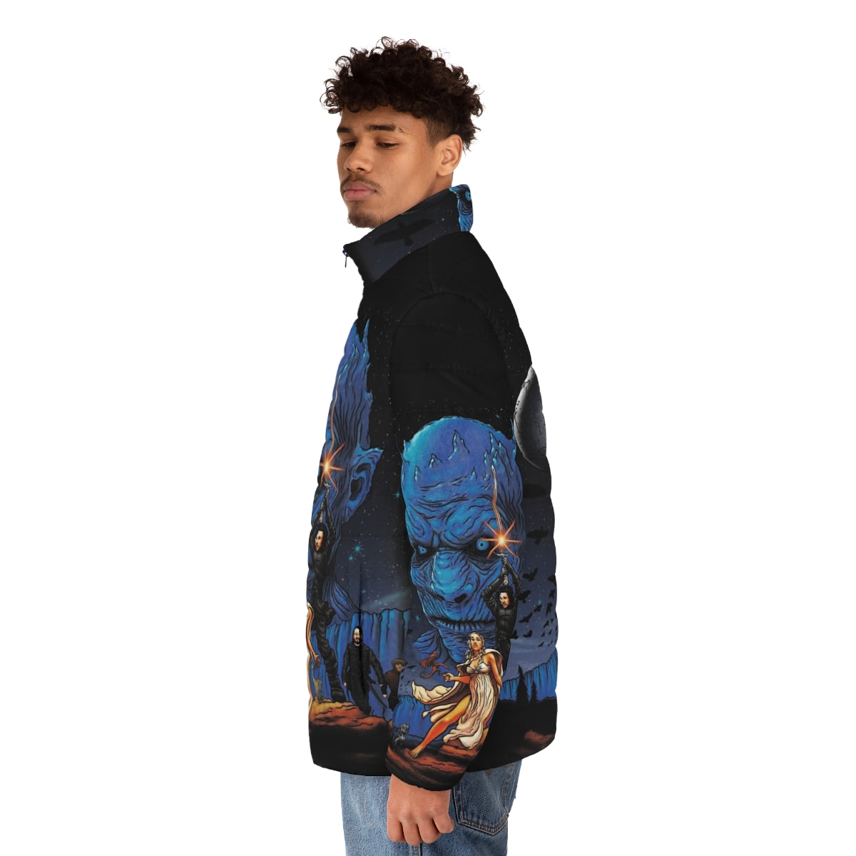 Throne Wars Puffer Jacket featuring a dragon, night king, and other Game of Thrones elements - men side left