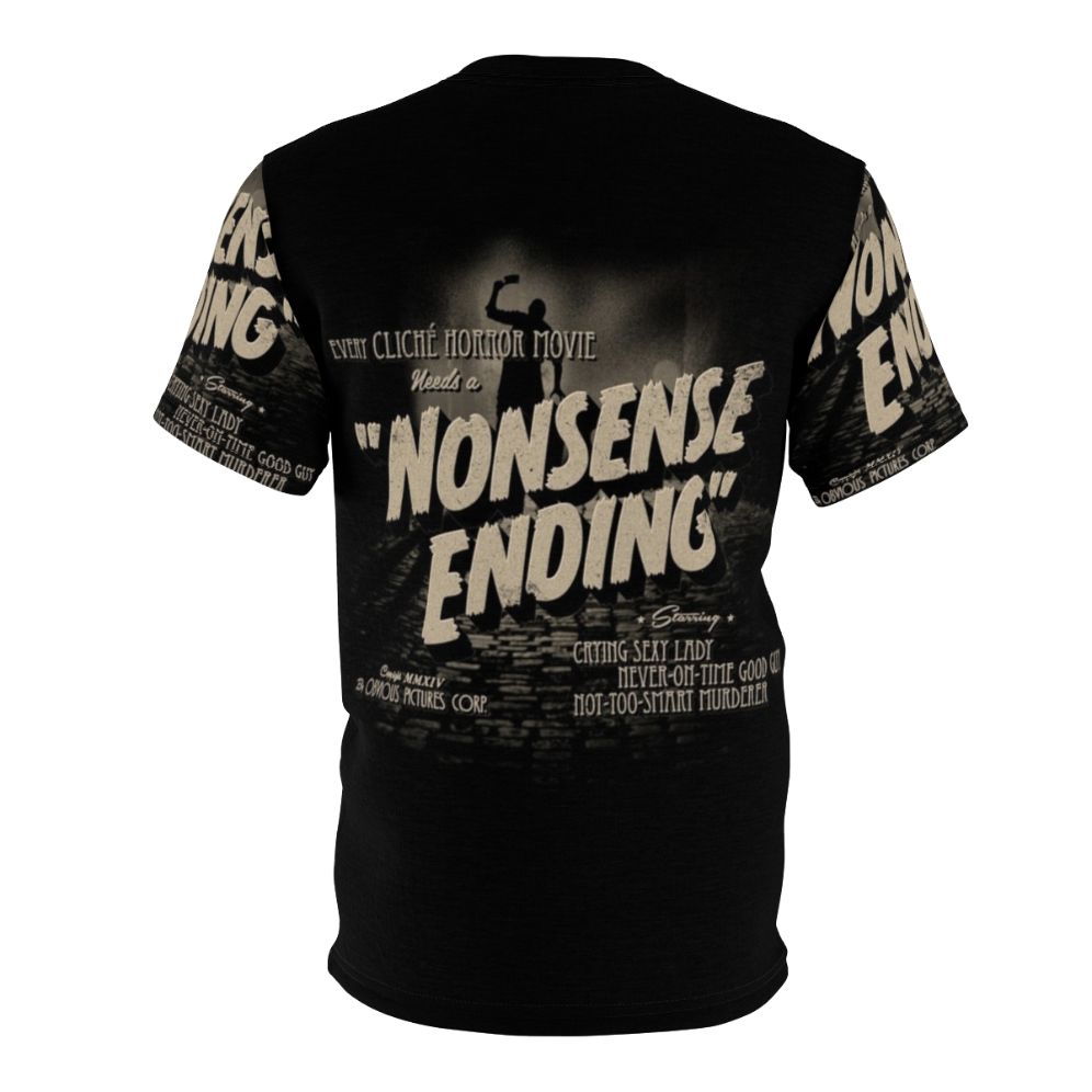 A vintage-style t-shirt with a black and white graphic depicting a humorous, cliche movie ending scene - Back