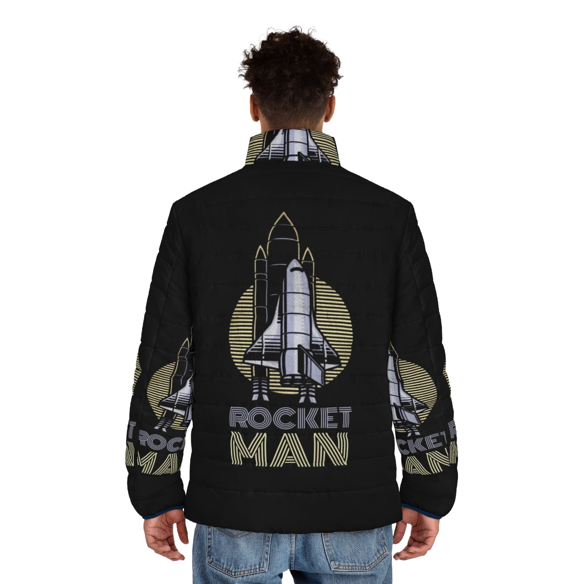 Retro 80s puffer jacket inspired by Elton John's iconic "Rocket Man" persona - men back