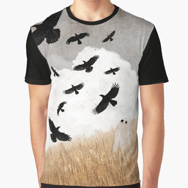 Vintage-style graphic t-shirt featuring crows and fall/Halloween imagery