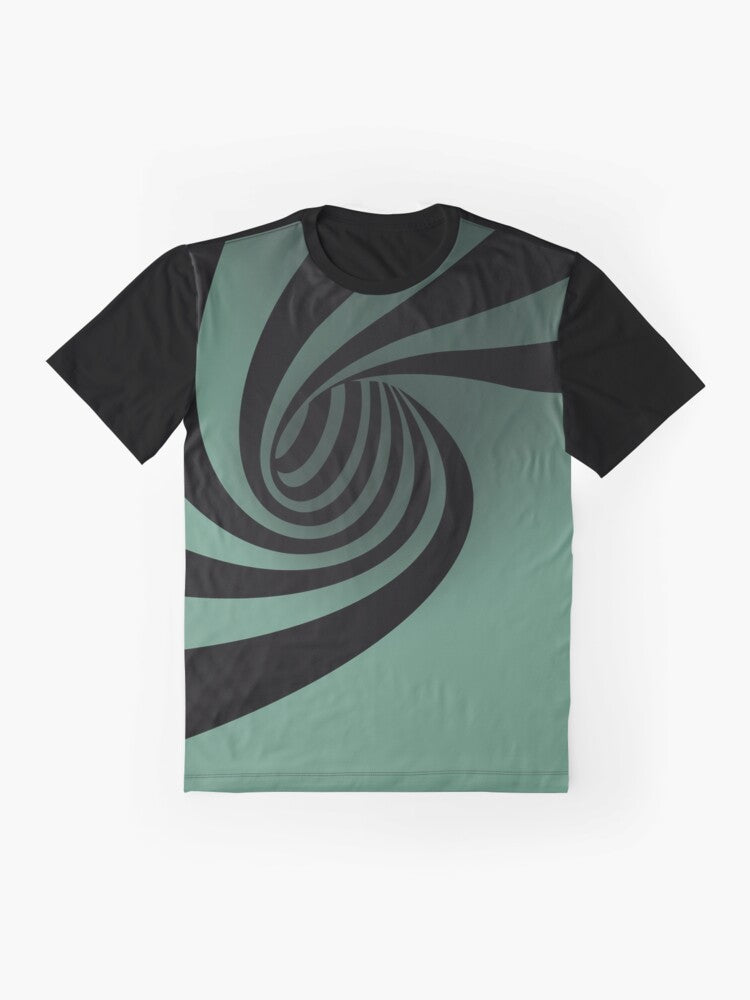 Optical illusion graphic t-shirt with a trippy, geometric black and white pattern - Flat lay