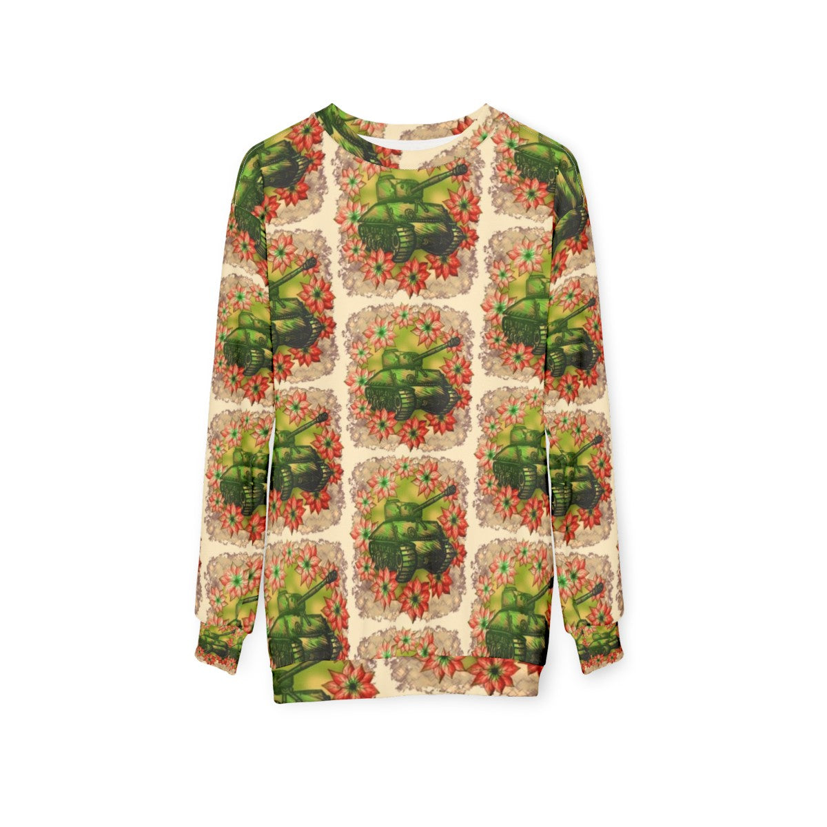 Festive military-inspired Christmas sweatshirt with camouflage pattern and poinsettia print - hanging