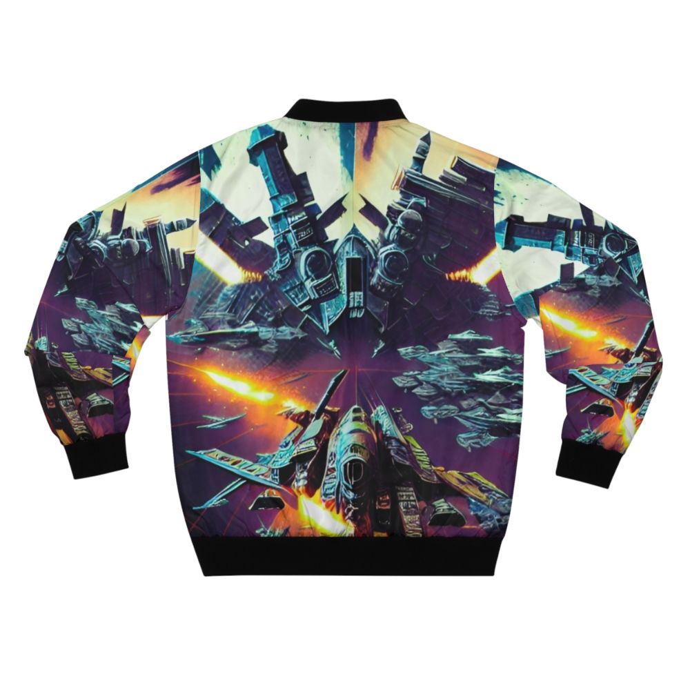 Vintage video game art bomber jacket featuring Gradius, Galaga, and other classic arcade game designs - Back