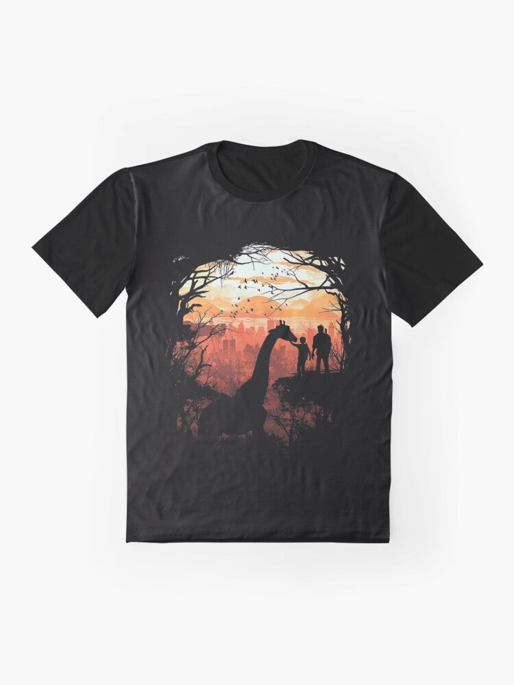 The Last of Us graphic t-shirt featuring a nature-inspired design with a giraffe, sunset, and forest - Flat lay