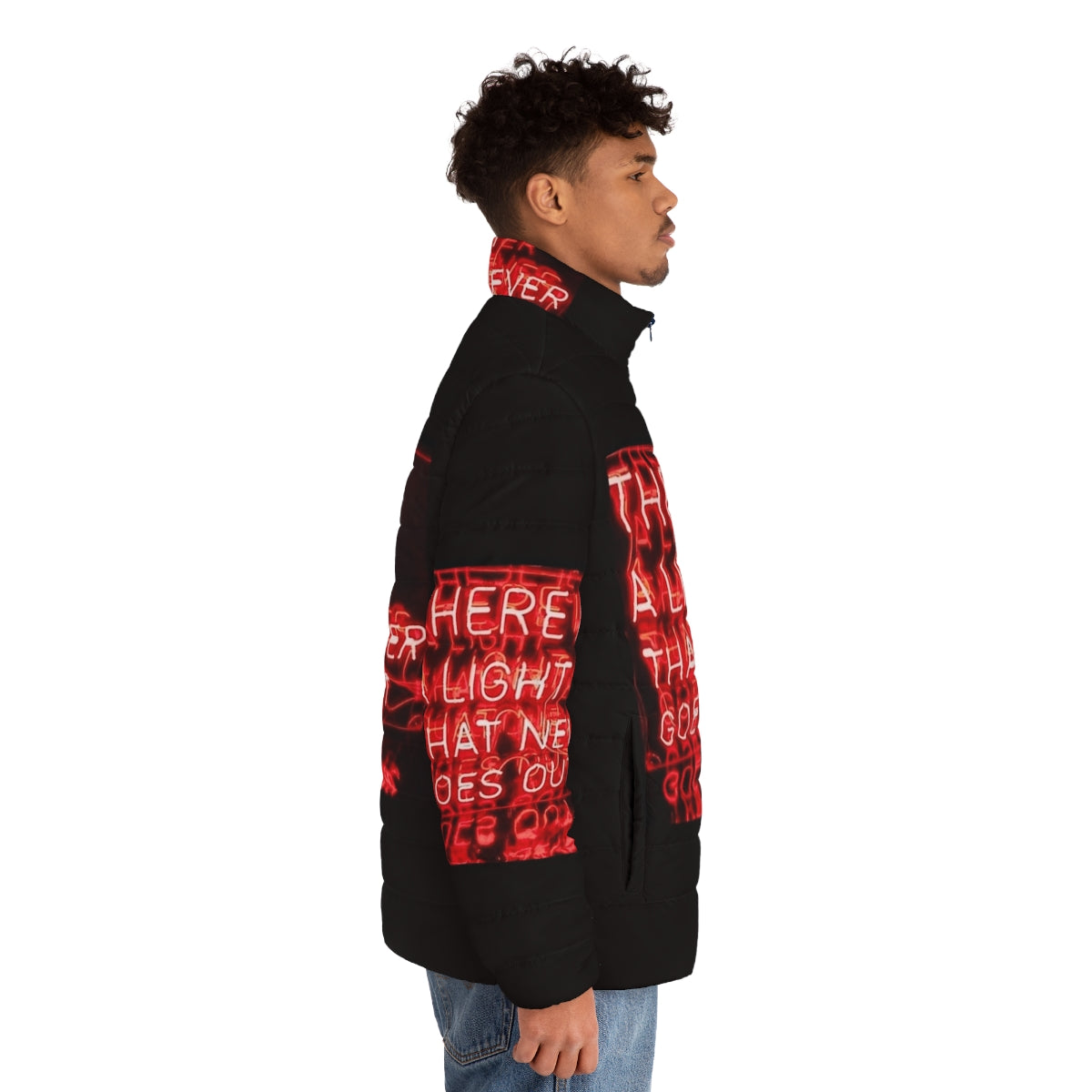 The Smiths "There Is A Light That Never Goes Out" Puffer Jacket with neon lights and red color - men side right