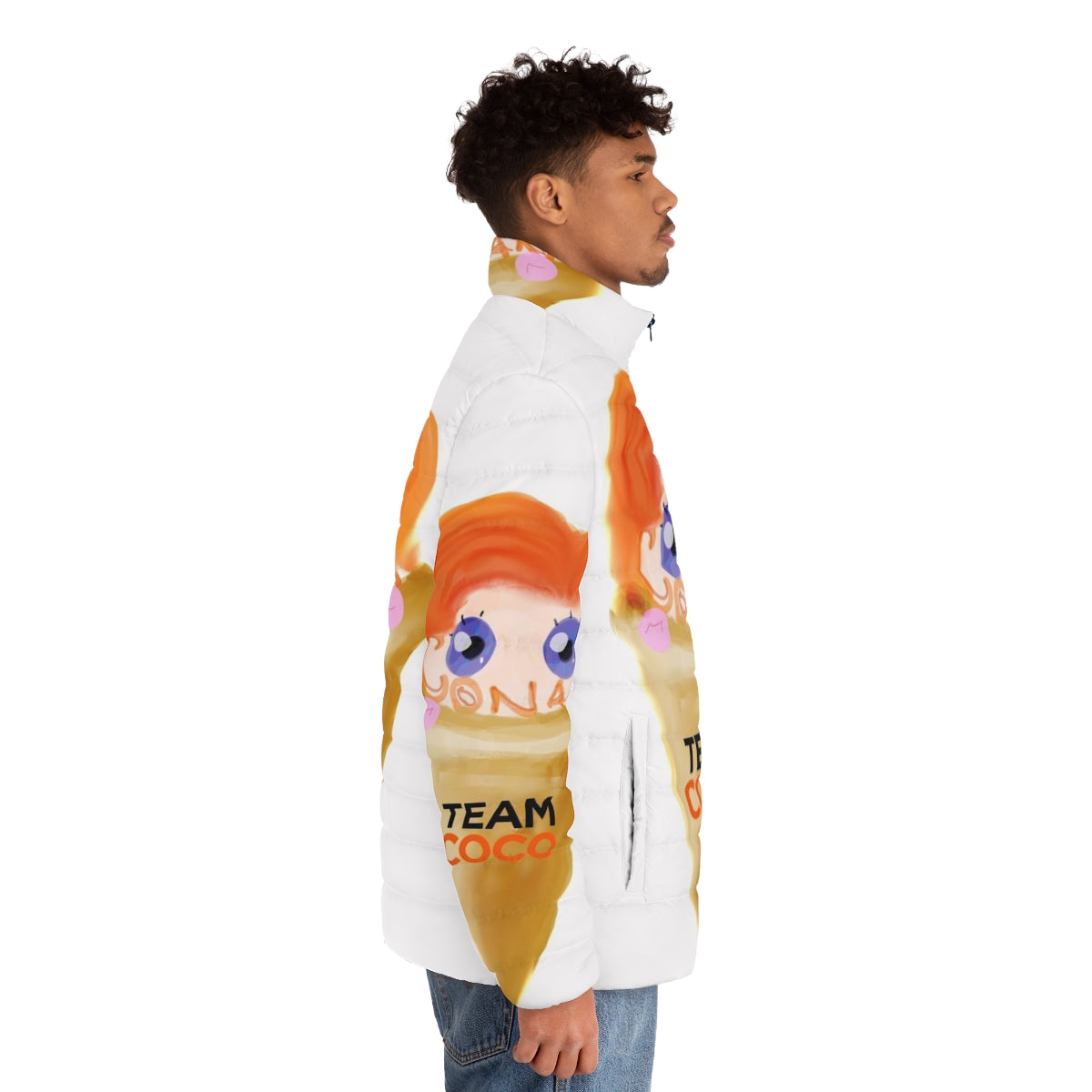 Image of a puffer jacket with an ice cream design, featuring Conan O'Brien branding - men side right