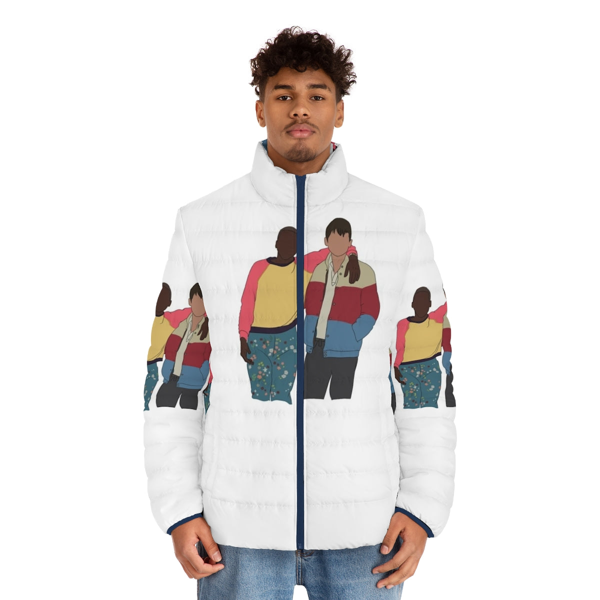 Vibrant illustration of Otis, Eric, and Maeve from the Netflix series Sex Education featured on a puffer jacket - men front