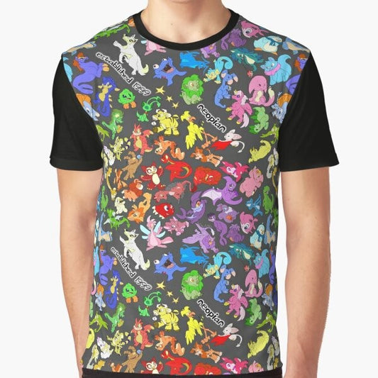 Neopets characters all over a graphic t-shirt