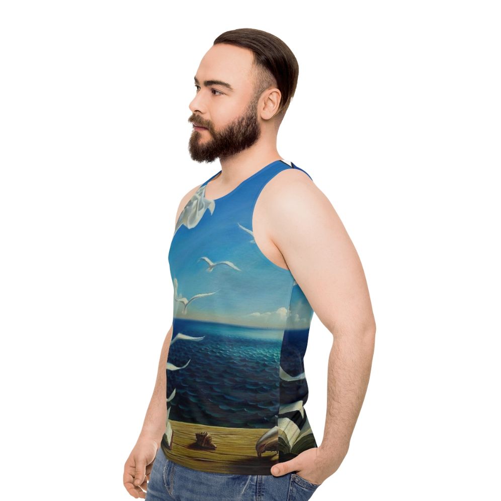 Surreal fantasy bird art vintage inspired unisex tank top - men side