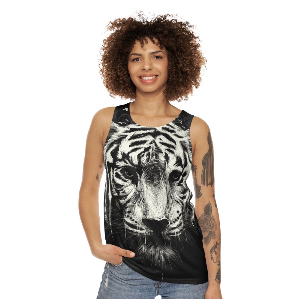 Interconnected unisex tank top with nature-inspired graphics - women