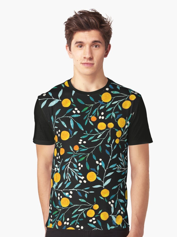 Watercolor floral pattern with vibrant oranges on a black graphic t-shirt - Men