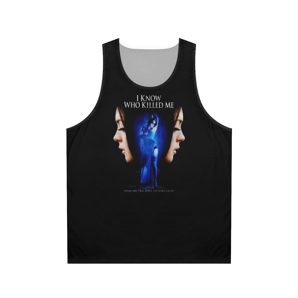 "I Know Who Killed Me" unisex tank top featuring a cult movie poster design