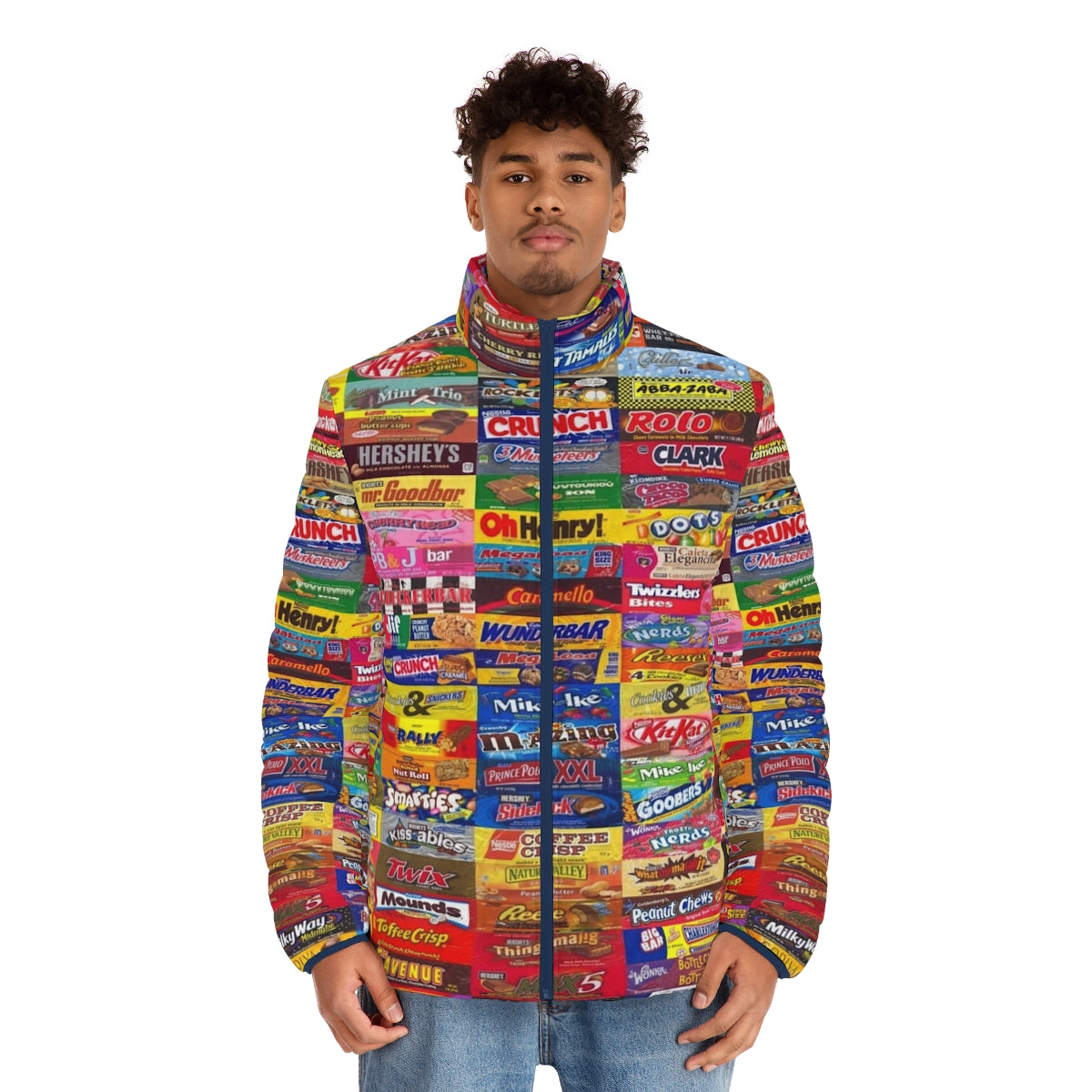 Colorful candy wrapper puffer jacket with a vibrant and unique design - men front