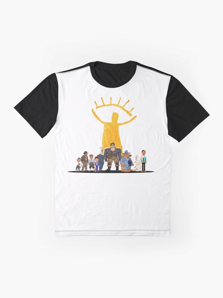 Point and Click Adventure Games Graphic T-Shirt featuring classic LucasArts characters and logos - Flat lay