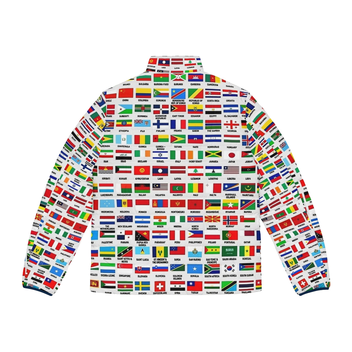 Vintage Flags of the World Puffer Jacket featuring a colorful world map design - Back