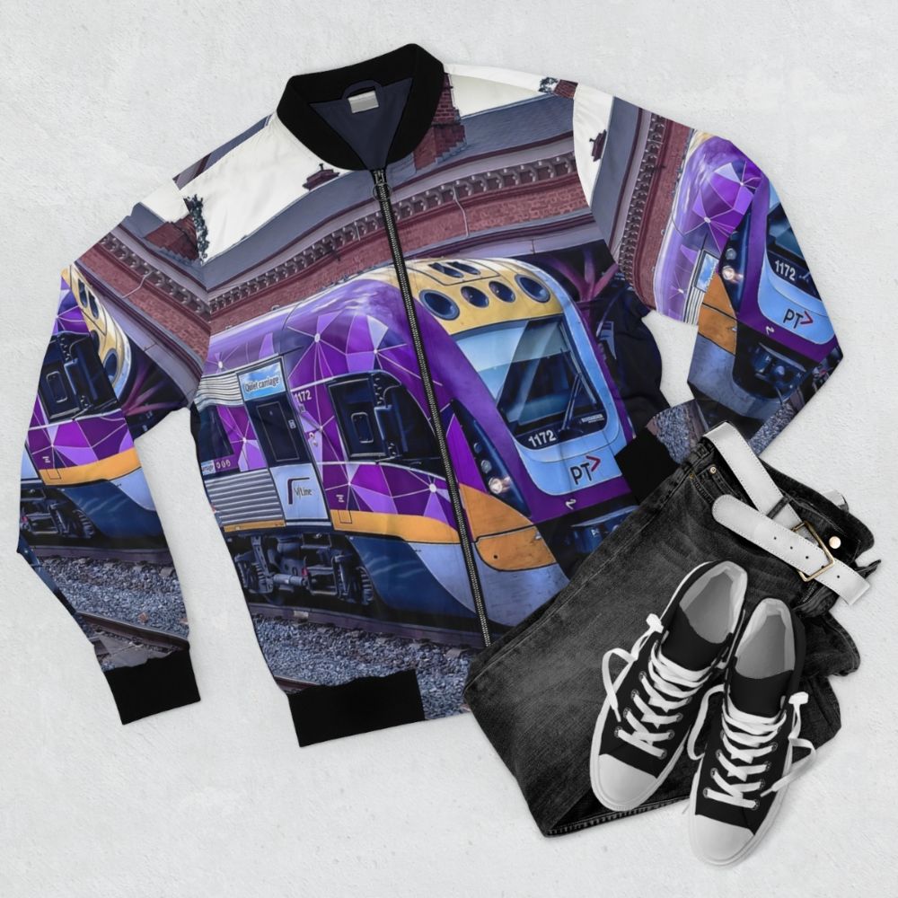 VLine Train Bomber Jacket featuring Castlemaine Station - Flat lay