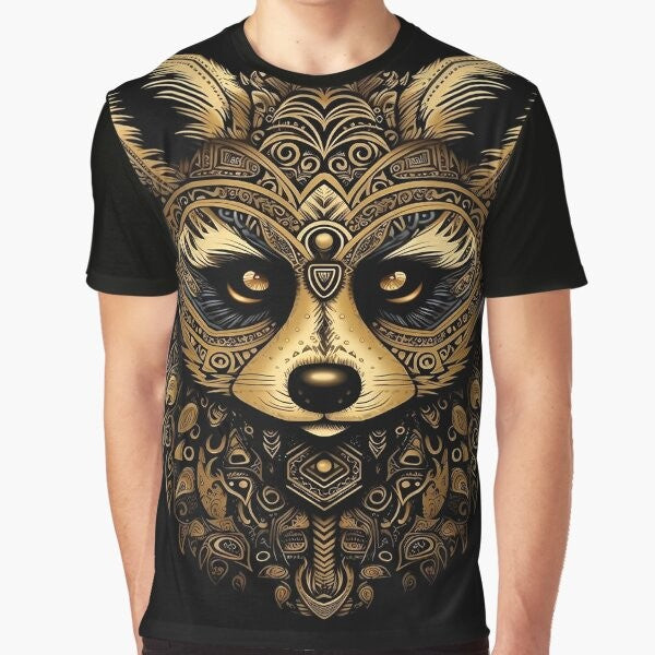 Golden raccoon surrounded by a intricate mandala pattern, digital illustration design