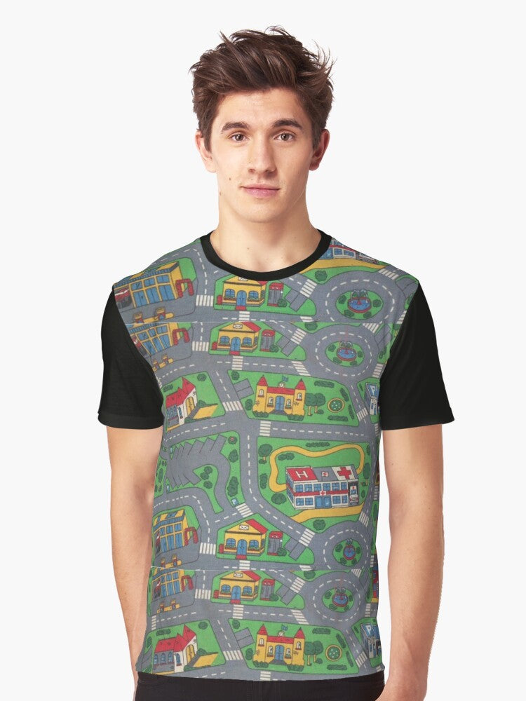 City Roads Map Graphic T-Shirt featuring a detailed street map design for a play rug or mat. - Men