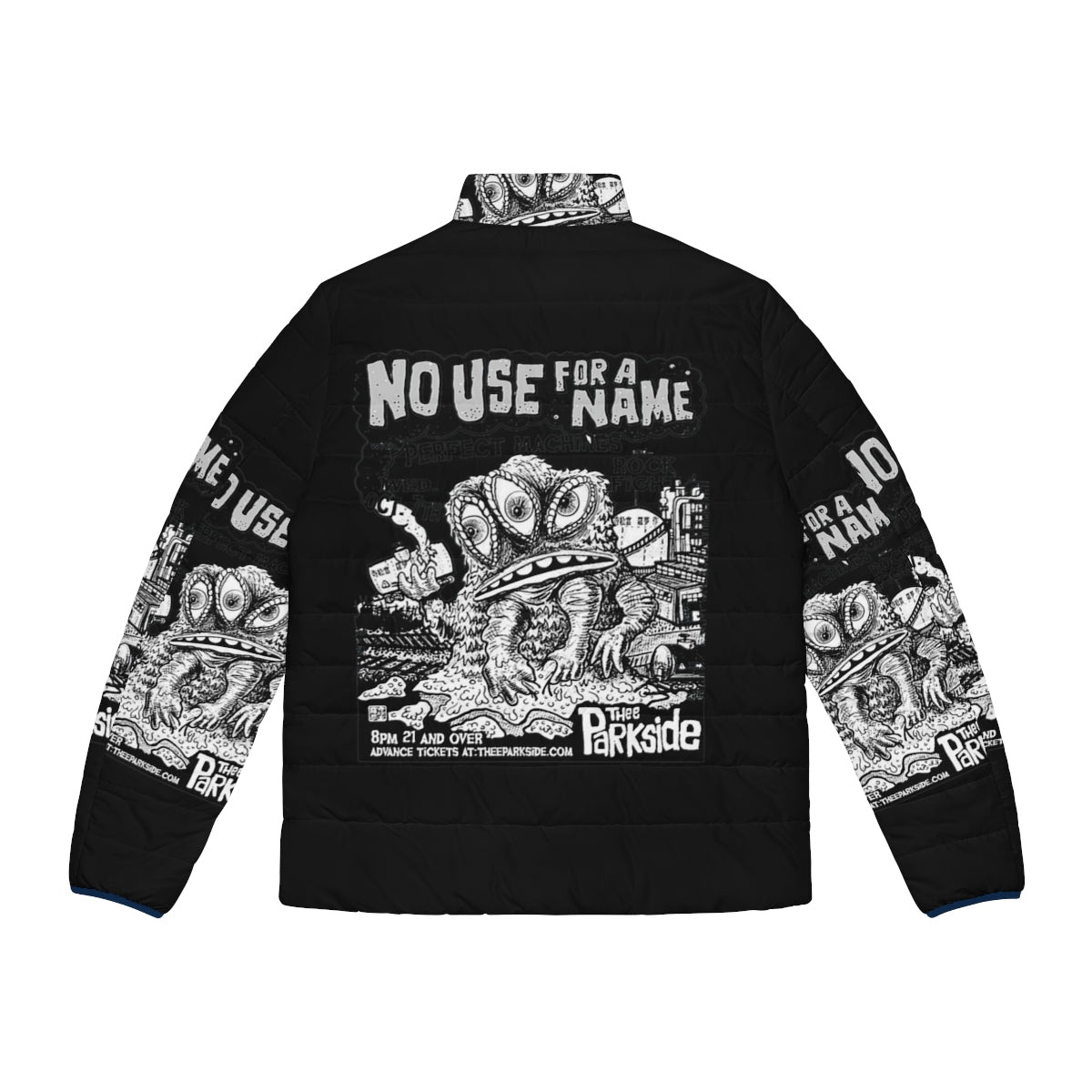 No Use For A Name Puffer Jacket featuring the band's logo and name - Back