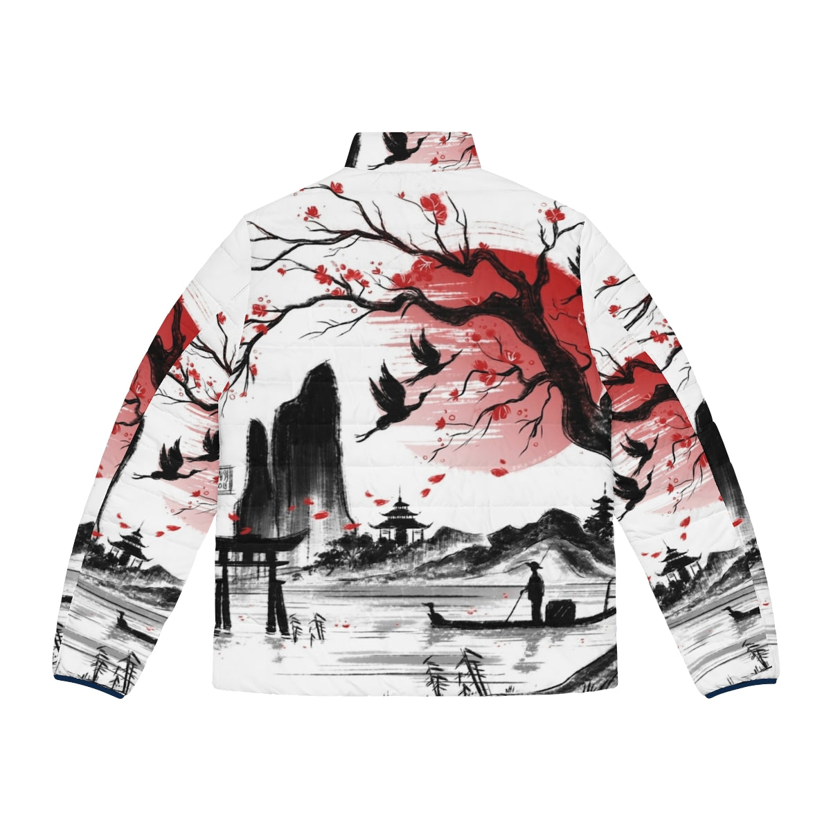 Japan Dream Puffer Jacket featuring Japanese landscape with sakura and red sun - Back