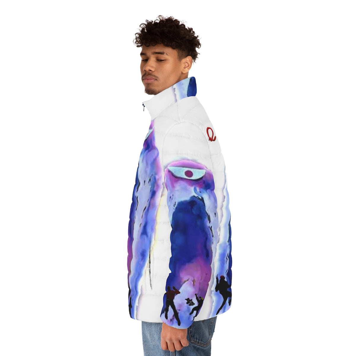 Jonny Quest inspired puffer jacket featuring the Invisible Monster design - men side left