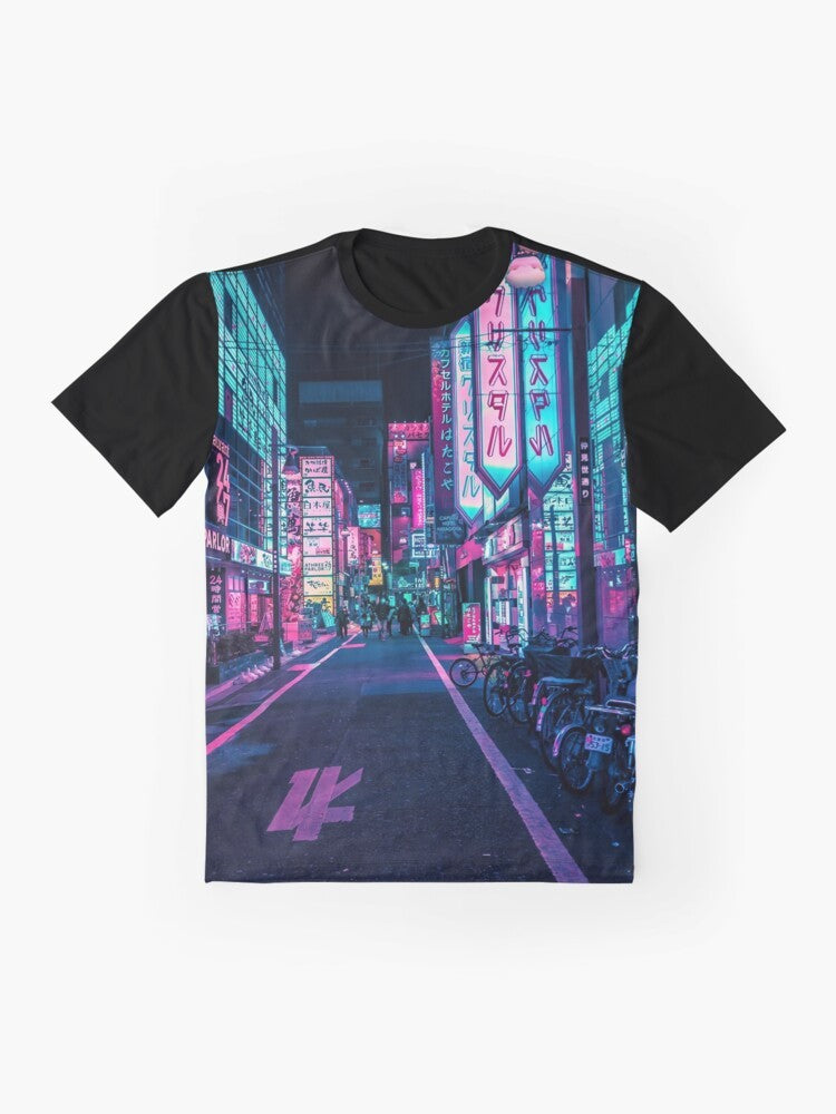 A graphic t-shirt featuring a neon-lit cityscape of Tokyo, with bright colors and a futuristic, cyberpunk-inspired design. - Flat lay