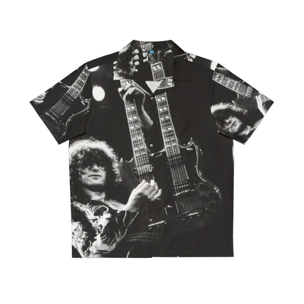 Vintage Hawaiian-style shirt with guitar poster design