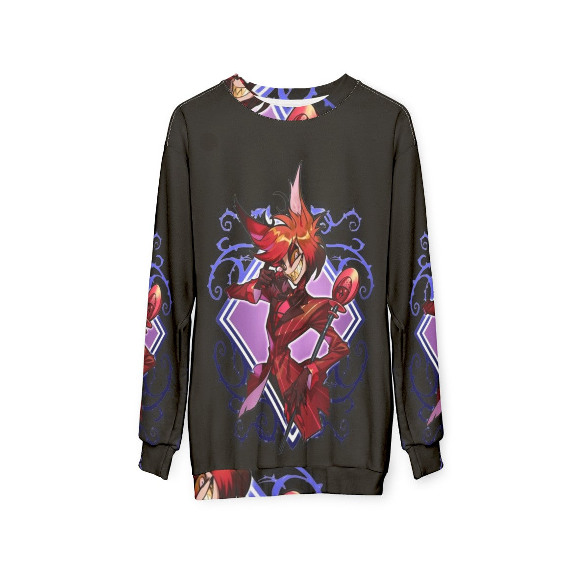 Hazbin Hotel Alastor Sweatshirt featuring chibi-style illustrations of the character - hanging