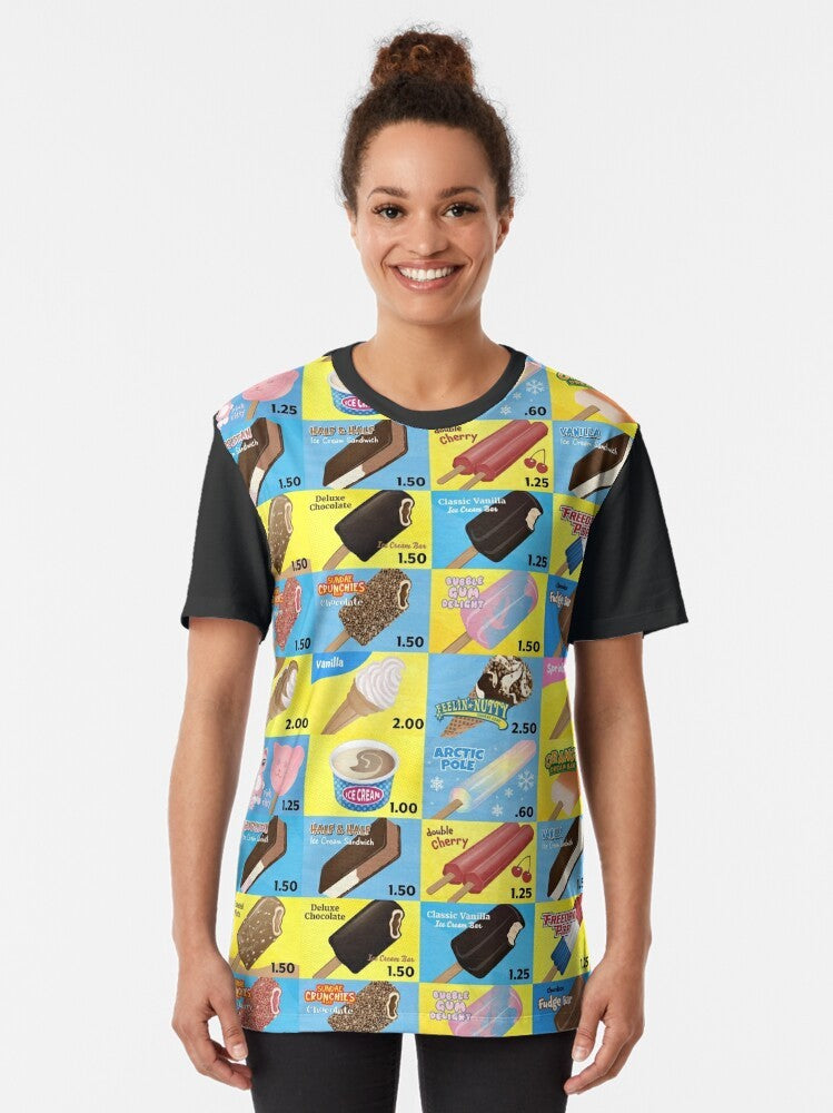 Vintage-style graphic t-shirt featuring an illustrated ice cream truck menu with ice cream cones, bars, sandwiches, and other nostalgic ice cream treats. - Women