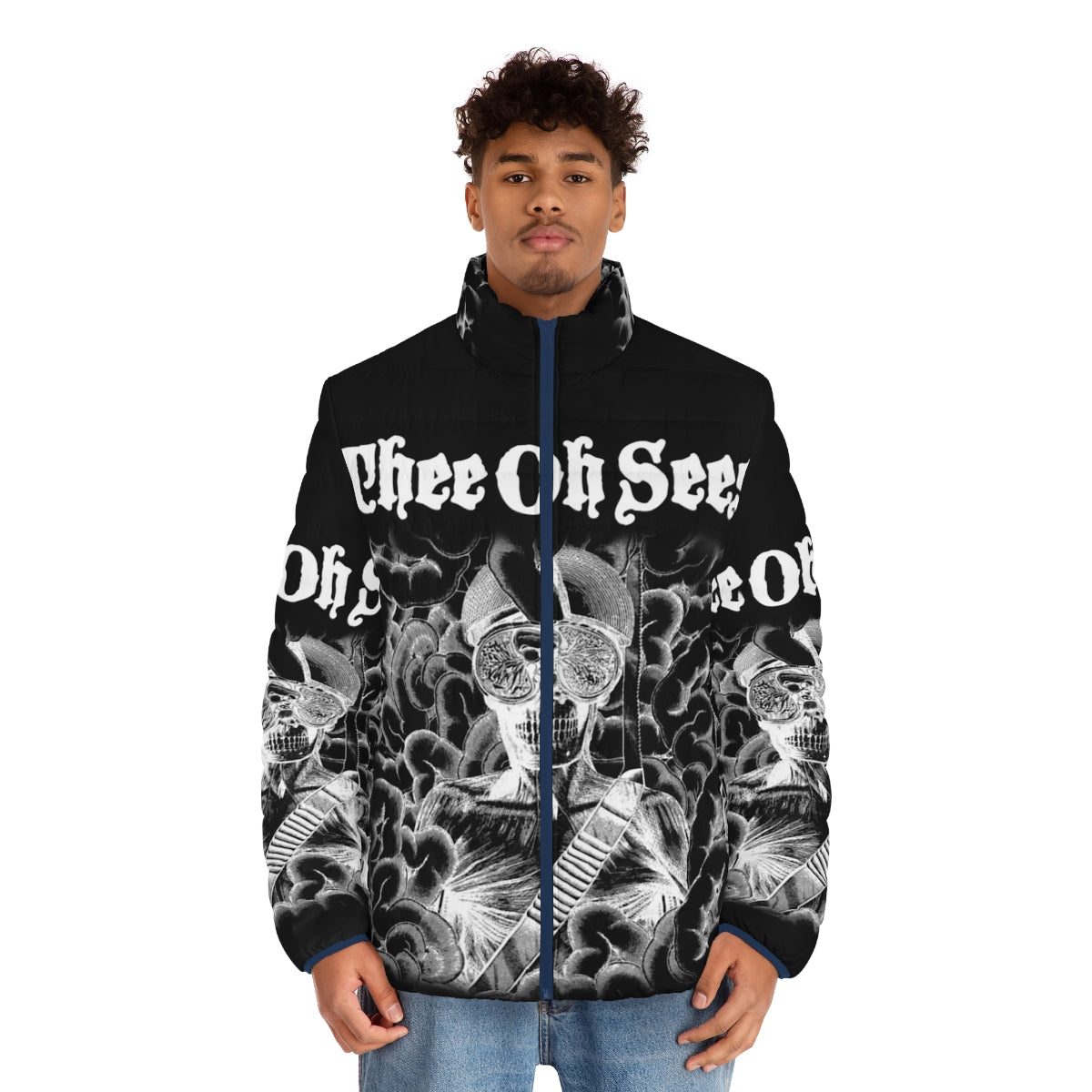 A puffer jacket featuring the album artwork of Thee Oh Sees' "Carrion Crawler" - men front