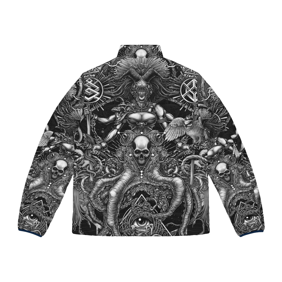 Puffer jacket featuring a surreal octopus and skull design in black and white - Back