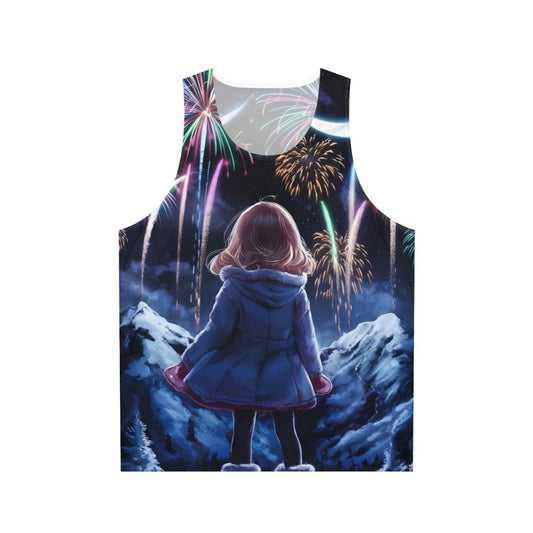 Anime unisex tank top with colorful fireworks and fantasy scenery