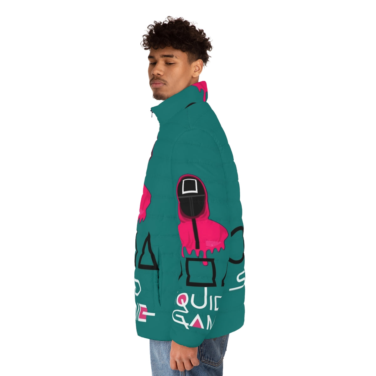 Squid Game Collection 2 Puffer Jacket with iconic symbols and colors from the Netflix series - men side left