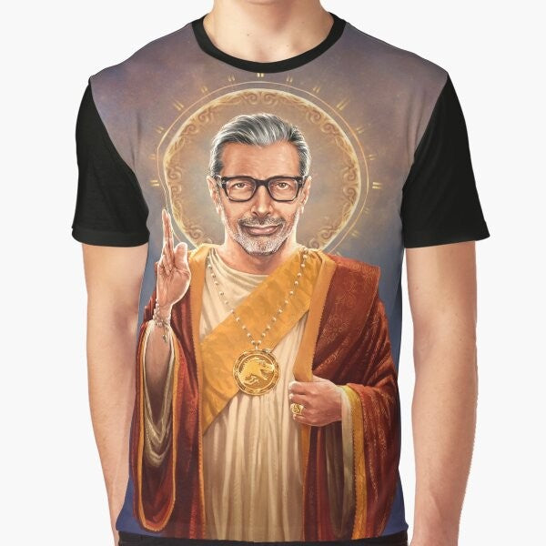 Graphic t-shirt featuring a religious-inspired pop art portrait of actor Jeff Goldblum, known as the "pop culture icon."