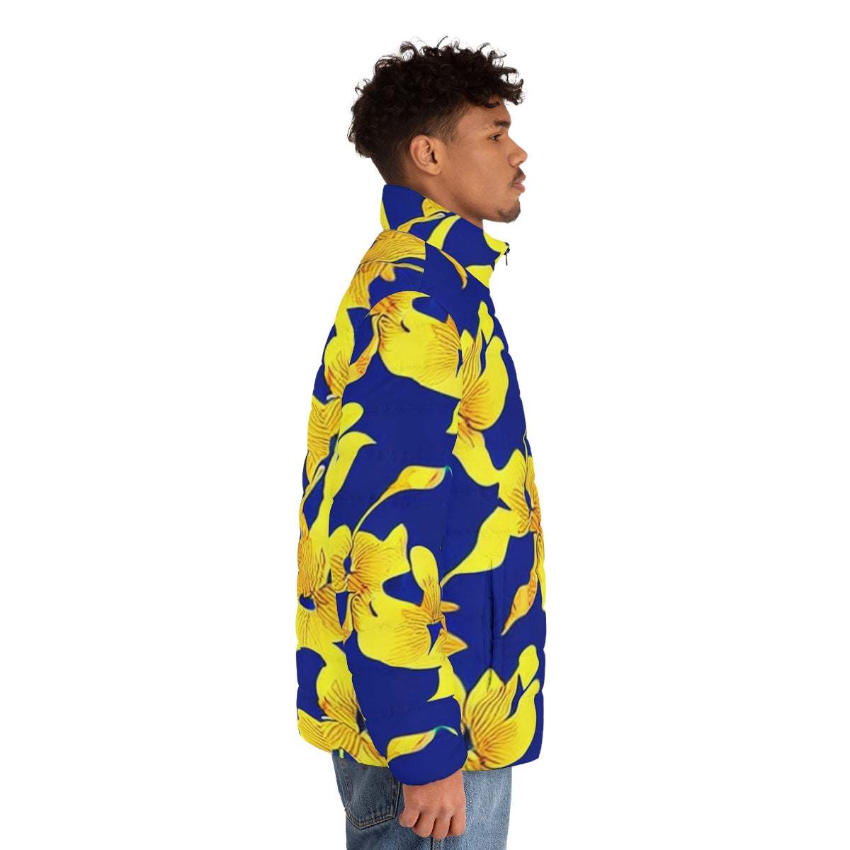 Closeup of a blue puffer jacket featuring a vibrant abstract yellow floral pattern - men side right