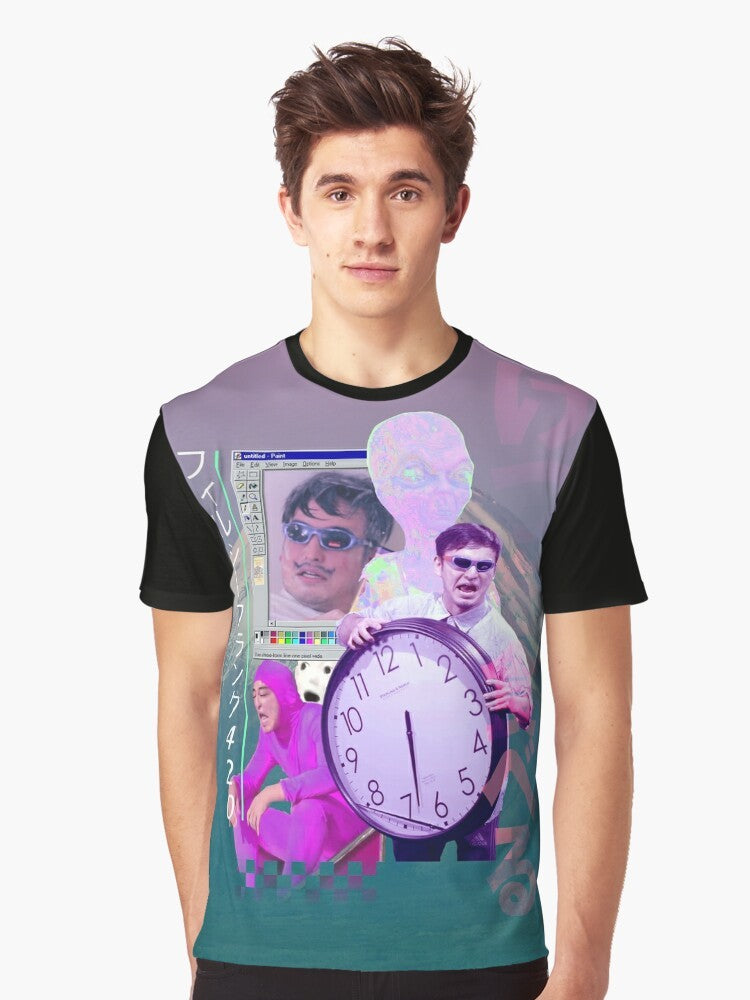 A stylish and vibrant t-shirt featuring the Filthy Frank character and 420 design elements in a vaporwave aesthetic. - Men