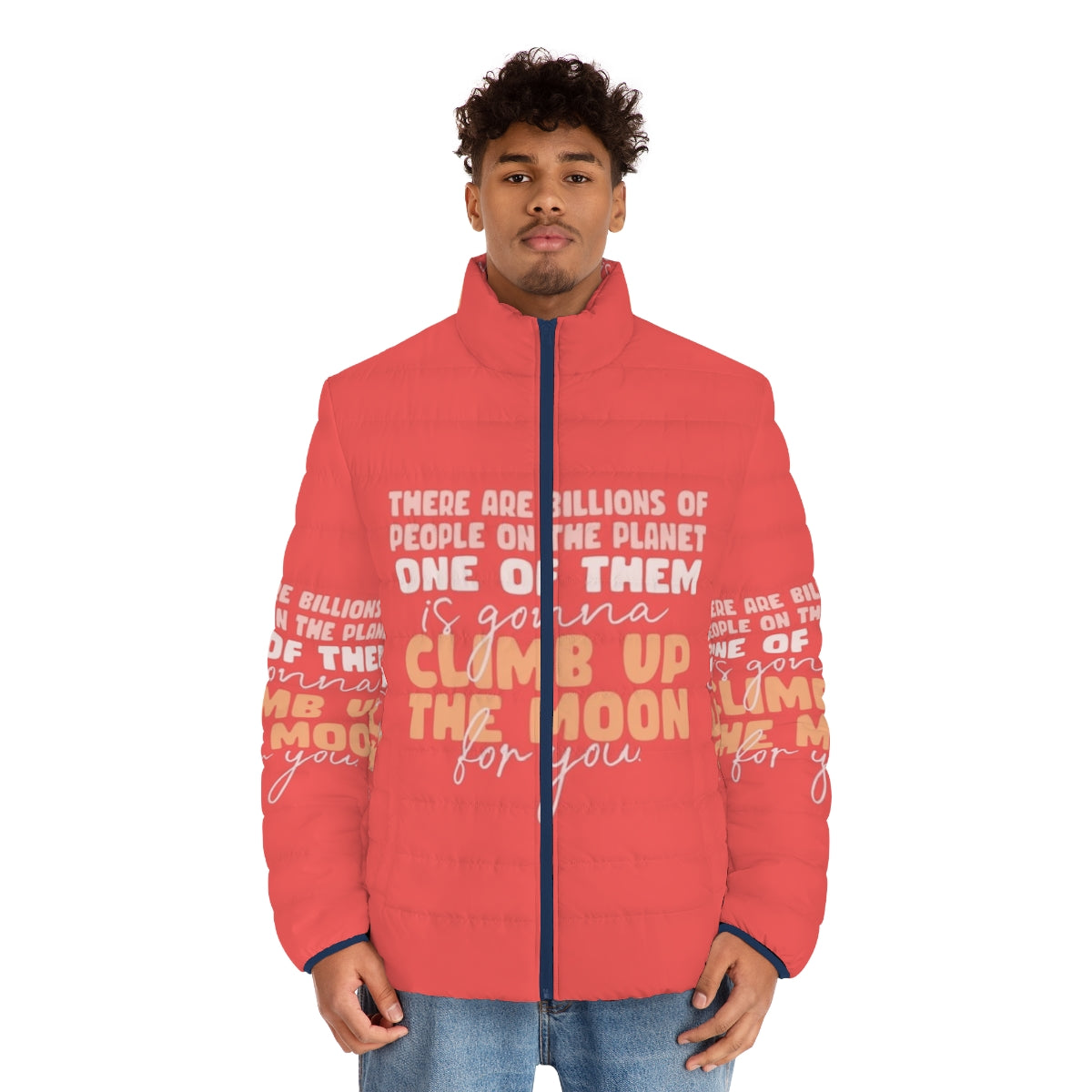 Puffer jacket with "Sex Education" love quote design - men front