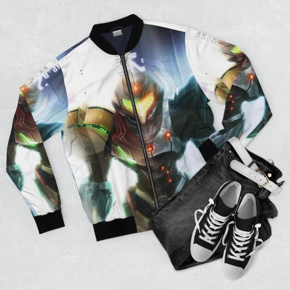 Metroid inspired bomber jacket featuring Samus Aran and futuristic space elements - Flat lay