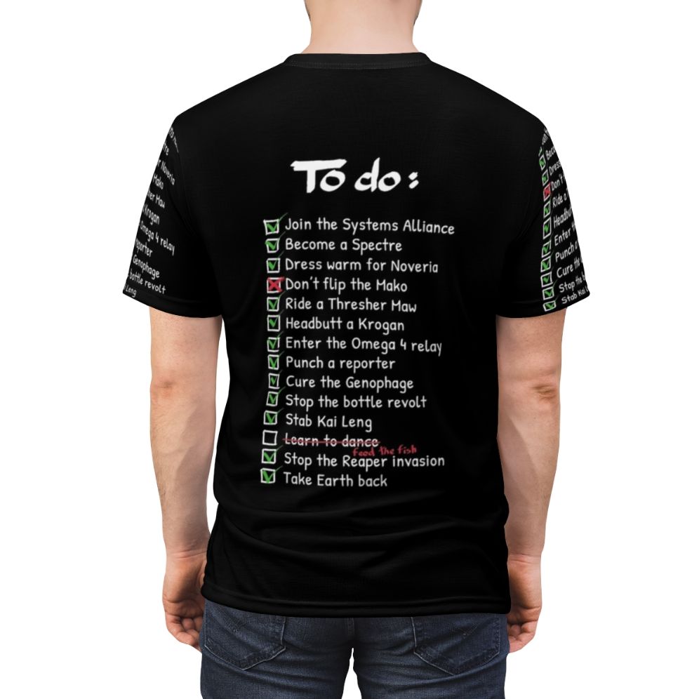 Commander Shepard's To-Do List gaming t-shirt featuring popular Mass Effect character and iconic video game imagery. - men back