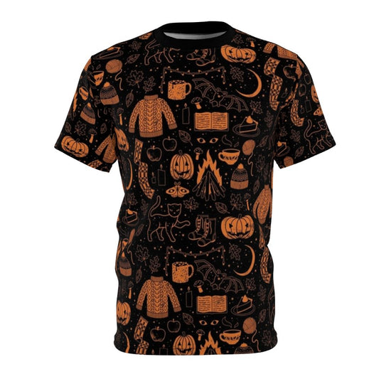 A cozy autumn nights t-shirt design featuring a witchy, spooky Halloween theme with pumpkins, bats, and fall foliage.