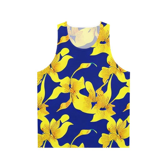 Abstract yellow floral pattern on blue unisex tank top