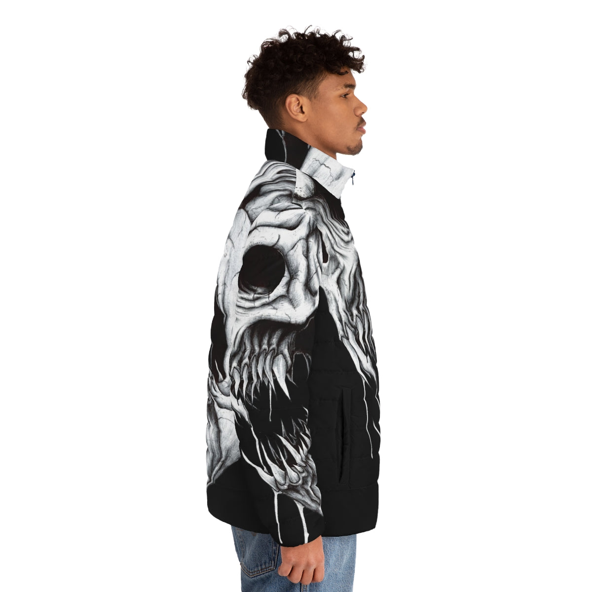 Grim Reaper puffer jacket with skull, teeth, and ominous design - men side right