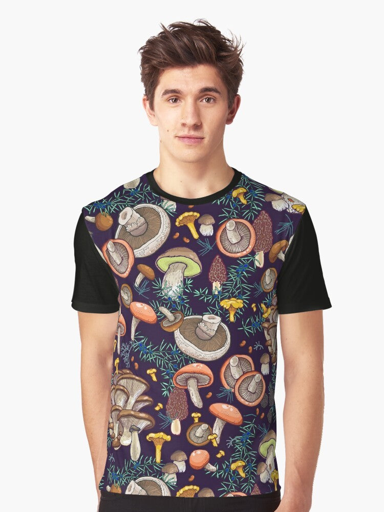 Dark forest graphic t-shirt with botanical fungi and nature elements - Men