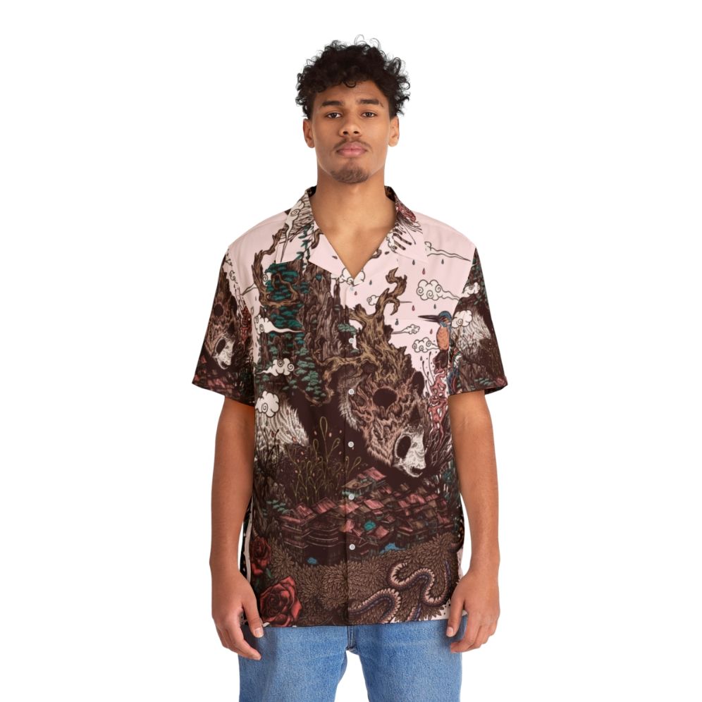 Colorful "Land Of The Sleeping Giant" Hawaiian shirt featuring a panda bear, mountains, and nature elements - People Front