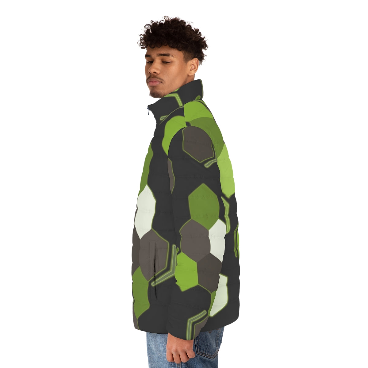 Hexagonal scales puffer jacket with Zygarde-inspired geometric design - men side left