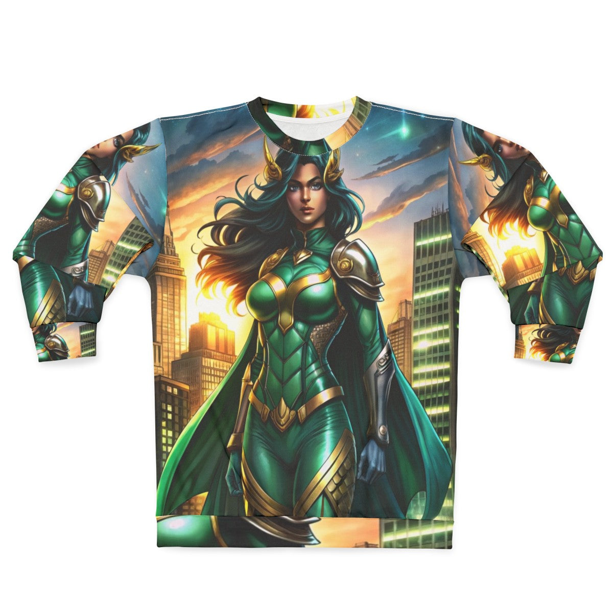 Empowered superhero woman in emerald armor standing in front of city skyline