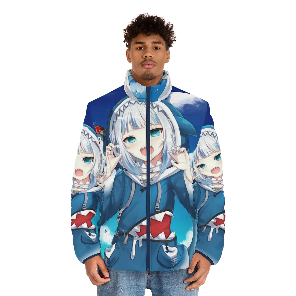 Gawr Gura Hololive anime-inspired puffer jacket with chibi character design - men front