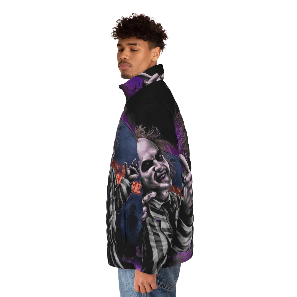 Beetlejuice-themed puffer jacket with a dark, gothic aesthetic - men side left